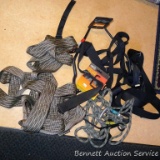 Tree stand safety harness, belts, rope, and carabiner. Plus a screw in bow holder and other bracket.