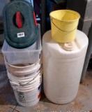 Plastic lawn chair; five gallon pails; 15 gallon plastic barrel and more.