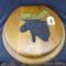 Unique wooden toilet seat with moose head figure on top. Seat is 16