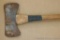 Vaughn double bit ax has a tight head. Some small chips noted in blade, head is about 10