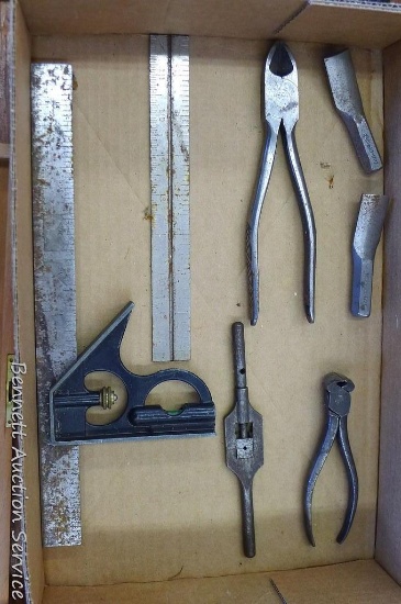 Craftsman side cutters; Bay State No. 1 tap & die wrench; Atlas Tool Co combination square; end