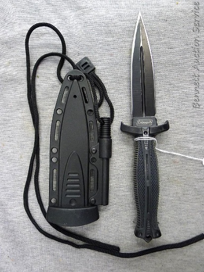 Coleman 9" double edged fixed blade knife with fire starter rod and sheath.