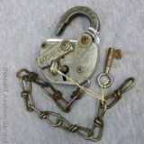 Vintage Adlake 239 railroad padlock with chain and 2 keys made by S. P. Co. pat. Mar. 20, 1920.
