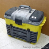 Flambeau Outdoors tackle box with dividers and covered compartmentalized trays. One handle has a