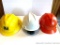 3 adjustable Hard Hats; used; one orange, one yellow, one white; MSA; V-Guard