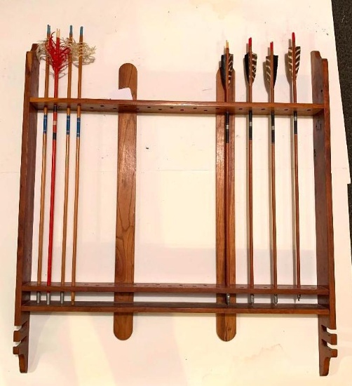 Vintage Wooden Bow Rack with Arrow display; holds 24 arrows; includes 8 vintage wooden arrows; one