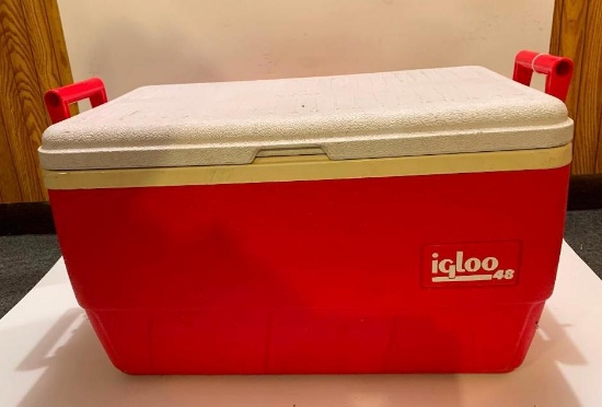 48 Quart Plastic Igloo Chest Cooler; handles and lid intact; drain plug with cap; Fish measuring