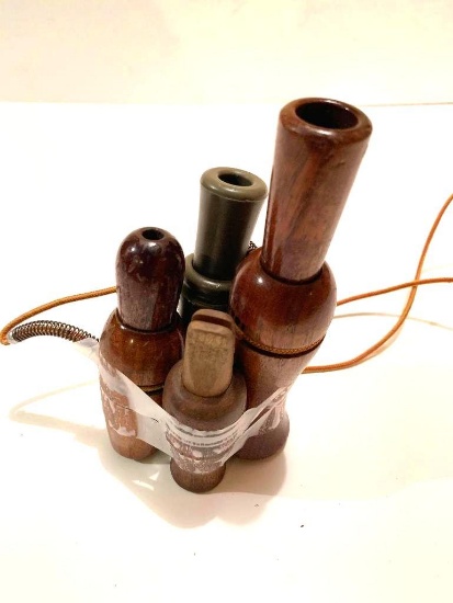Set of 4 Waterfowl duck and goose calls; one 2 piece Ken Martin duck and goose set with lanyard