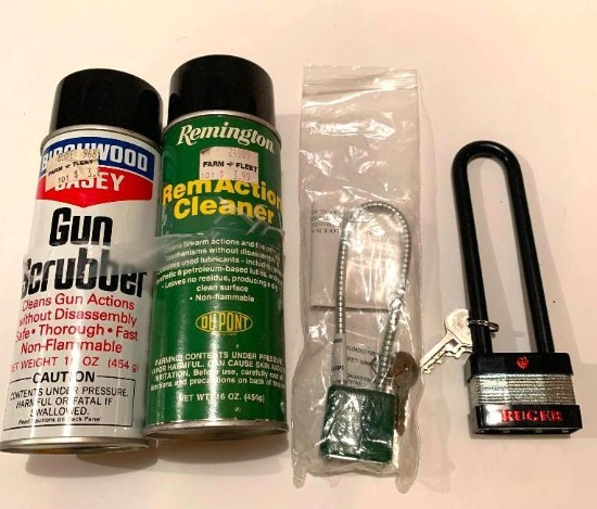 NO SHIPPING 1 can each Birchwood Casey gun Scrubber spray and Remington RemAction Cleaner spray; 2
