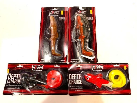 Vicious Fishing Musky lures 4 pieces total; 2 Depth Charge, one orange crush flash and one black
