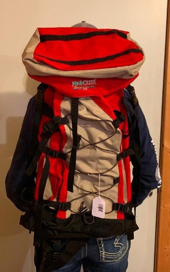Pine Creek Outdoor Gear Backpack includes waist and chest strap; 24" tall; 12" wide when collapsed;