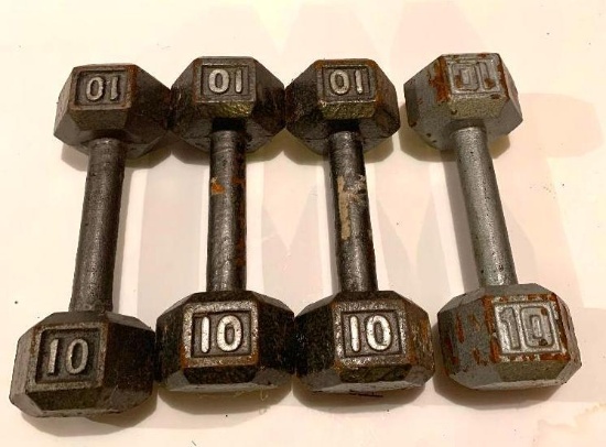Set of 4 Ten Pound Dumbbell Weights; 9" long
