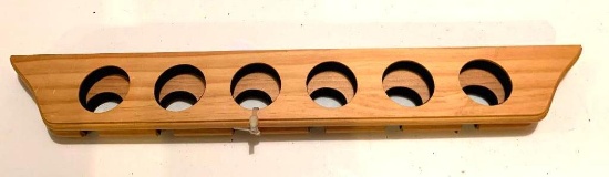 2 piece wooden wall mount fishing rod holder; holds 6 fishing rods