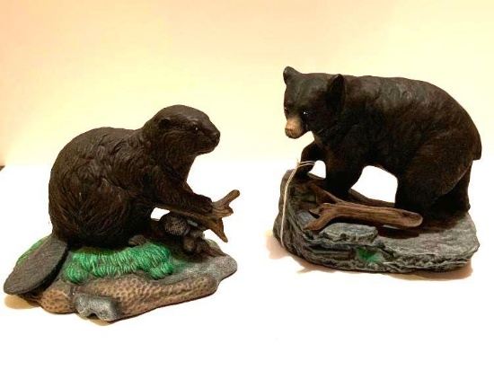 Hand Painted Ceramic Wildlife Figures; one bear, one beaver; one very small pin hole in bear; bear