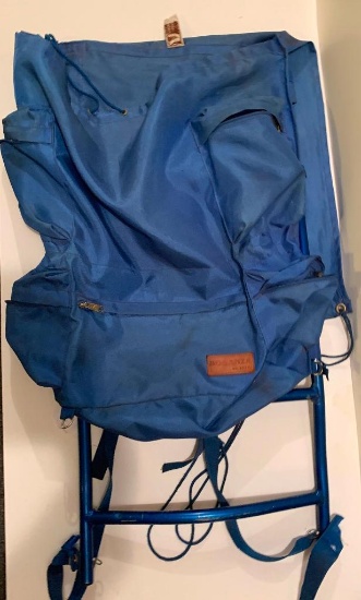 Bonanza model #3737 Backpack with aluminum frame; blue in color; frame is 31" tall x 16" wide;