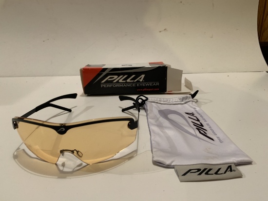 Pilla Performance Eyewear Shooting Glasses model 560; black frame; yellow tint; cloth case included