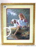 NO SHIPPING; Home Interior Framed Picture; Girl with Cocker Spaniel Dog by Stream by Mark Ana; 17