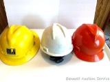 3 adjustable Hard Hats; used; one orange, one yellow, one white; MSA; V-Guard