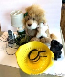 Misc. lot; plastic colander; Green Glass Bowl; 6v battery powered camping light (not tested); egg