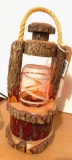 Hand crafted wood Lantern with mason jar globe; flickering light bulb; stands 15