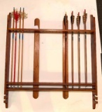 Vintage Wooden Bow Rack with Arrow display; holds 24 arrows; includes 8 vintage wooden arrows; one