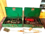 Camp Stove set, includes one Coleman 425E White Gas two burner stove, one Coleman propane two burner
