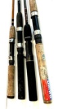 Group of 4 fishing rods, Mitchell, Diawa, Zebco, light and medium action, two have broken tips
