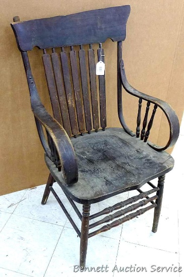 Charming captain's chair is about 41" x 24" x 19". Top of back was broken off a while ago, repair or
