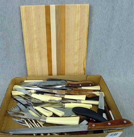 Pampered Chef, Emperor Steel, Regent Sheffield, and other knives; plus a nice 10" x 13" wooden