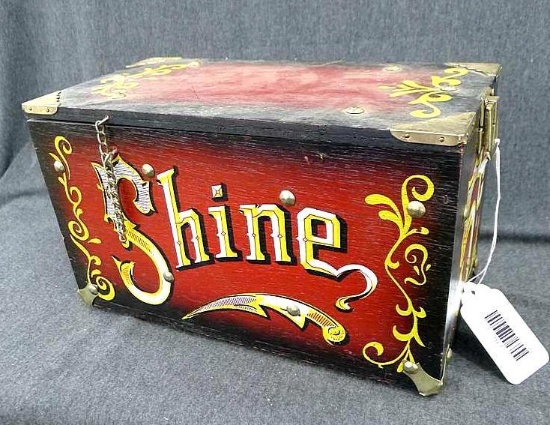 Shoe shine box contains cast bracket and shoe shine. Box is about 6" x 11" x 7". Cast bracket is