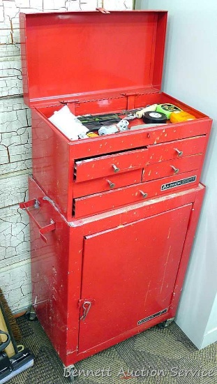 Two piece lockable Alltrade tool box with contents including tape measures, Stanley drill bit,