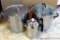 Two stainless steel stock pots and coffee pot; largest stock pot measures 11-1/4