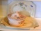 Antique floral serving platters and covered dish. Largest platter is 11-1/2