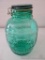 Cracker Barrel Style 4 quart green glass jar with snap on lid and rubber seal. Jar measures 11