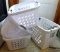 Three 1.5 bushel Sterilite laundry baskets, larger stackable Sterilite laundry basket with wheels;