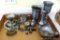 Pewter pieces including Royal Holland Pewter ash tray; apple & pear salt & pepper shakers; goblet