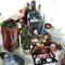 Christmas decorations including glass hurricane for candles; sparkly tree; glittery sled wall or