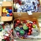 Christmas tree trimmings including ornaments of all kinds and sizes, bows, beads, ribbon and more.