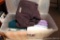 Large tote with hinged lid filled with a nice wool blanket, crocheted throw, sheets for garden