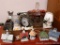 Knick knacks including glass basket with potpourri, figurines, ornaments, vintage vase & picture