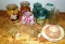 Jar candles, votive holders, bale top blue Ball jars.