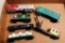 Model railroad HO scale engine and cars including a Bachmann Santa Fe engine, Quaker State tanker
