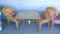 Glass topped patio table comes with matching patio chairs with cushions. Table is about 42