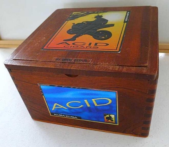 Wooden box by Kuba Kuba for Acid Cigars is 4-1/2" x 7-1/4".