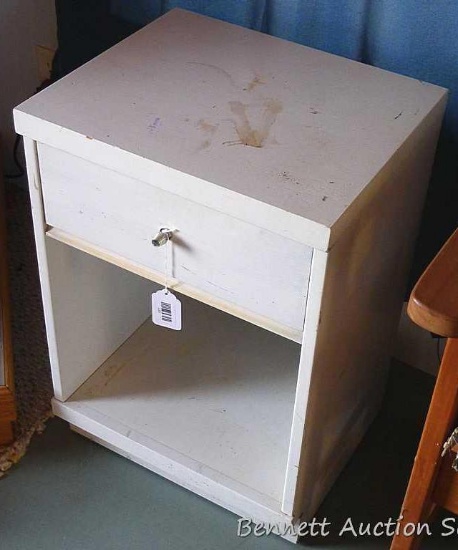 Wooden storage cabinet is 15" x 18" x 26-1/2". Drawer works fine.