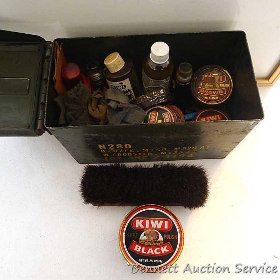 Metal ammo box N280 is 6" x 7" x 12". It is filled with shoe shining equipment including brush,