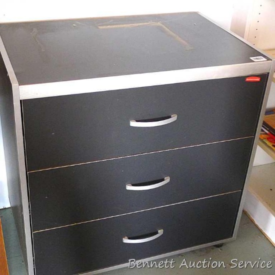 Rubbermaid 3 drawer base cabinet model #101006N is 31" x 20" x 32". Drawers work well.