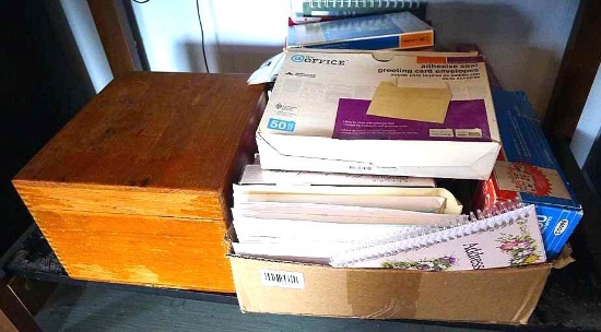 Office supplies including wooden box 6-1/2" x 9" x 10"; lots of greeting cards for all occasions;