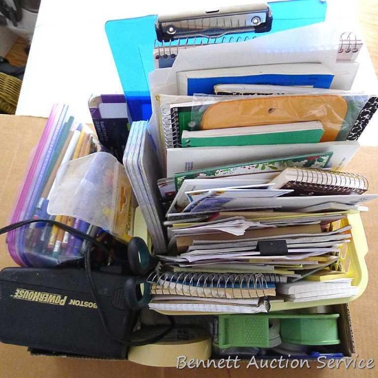 Office supplies including hanging file folders; white card stock; 9x12 clasp envelopes; Boston
