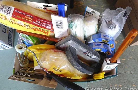 Lots of painting supplies including brushes, tape, rollers, grout float, edger, scraper and more.